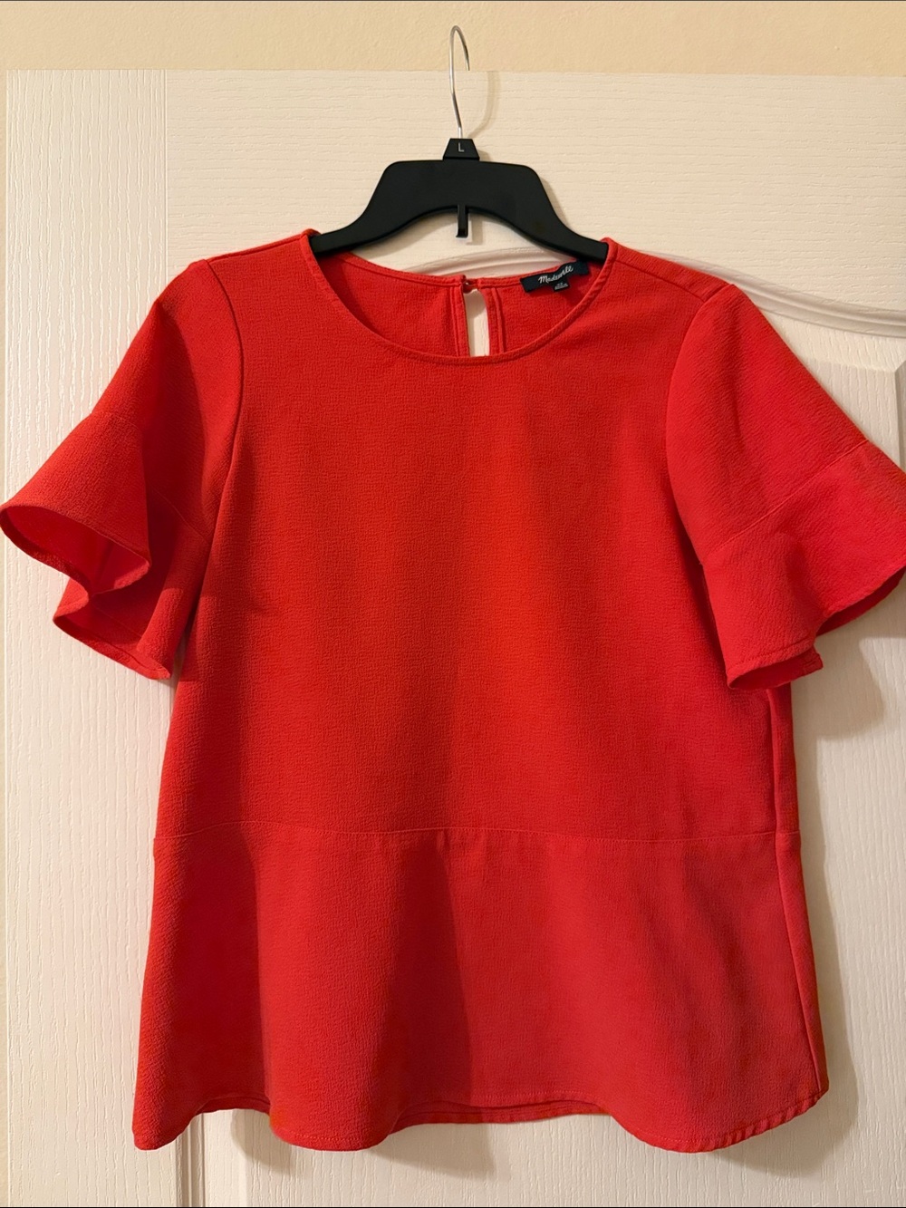 Madewell Red/Orange Ruffle Sleeve Peplum Blouse, Key-hole opening in back